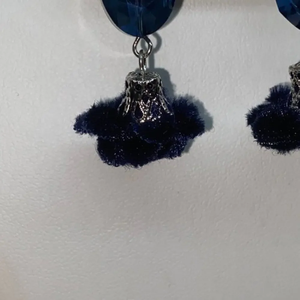Silver-Tone Blue Beaded & Pom-Pom Dangle Earrings